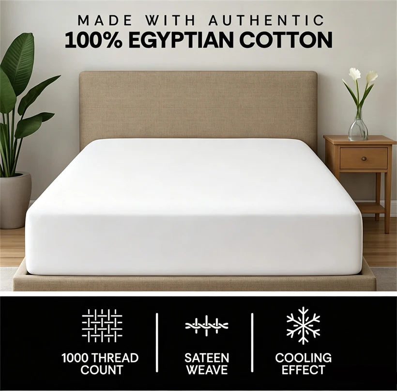 White fitted sheet and pillow set displayed on a bed with text highlighting 100% Egyptian cotton features.