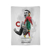 A football player celebrating with a passionate expression, wearing a red and green jersey, on a vintage knit throw blanket.