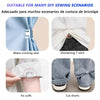 Various DIY sewing scenarios showing invisible pant hem adjuster clips used for waist-cinching skirts, shortening t-shirts, f