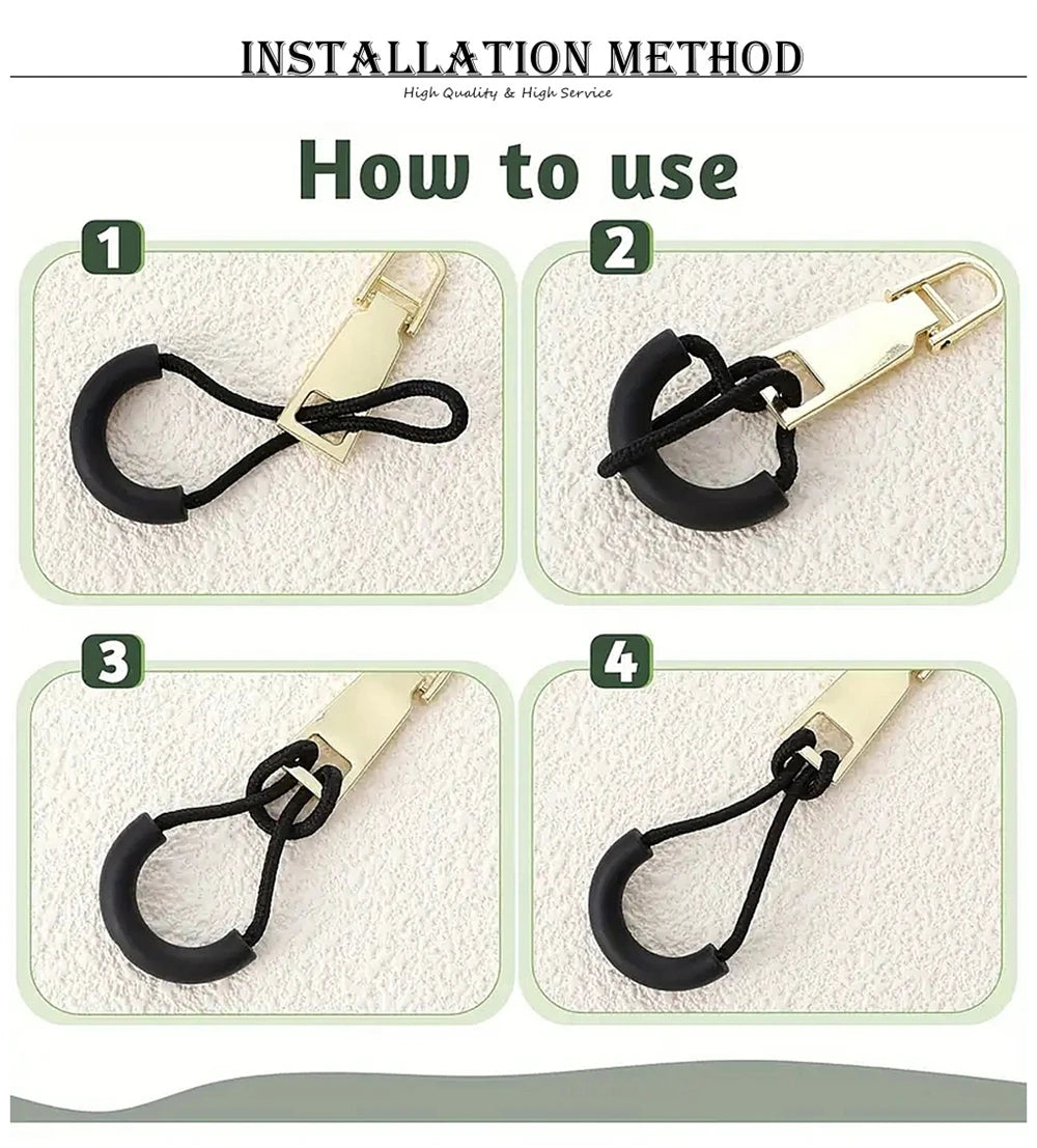 Four steps demonstrating the installation method for U-shape zipper pull straps.