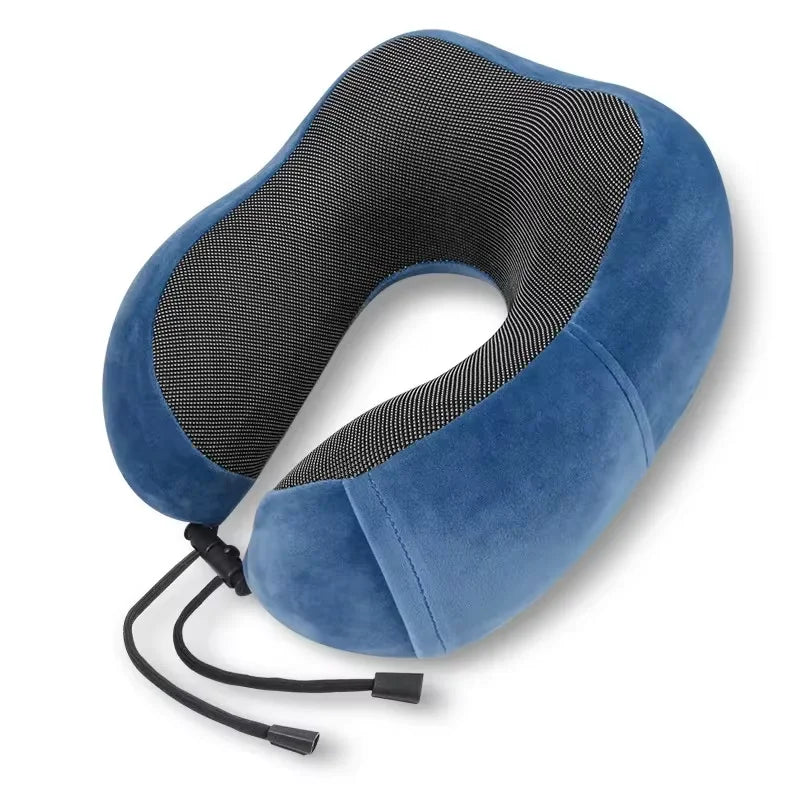 A blue ergonomic memory foam neck pillow with a black mesh cover, shown from above.