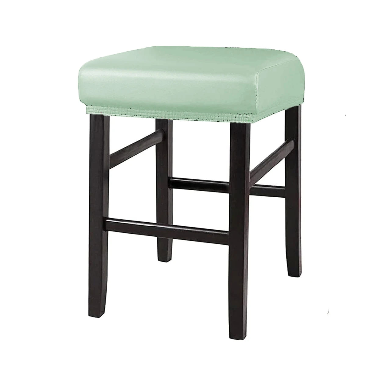 A light green waterproof PU leather bar stool cover with a dark wood frame.