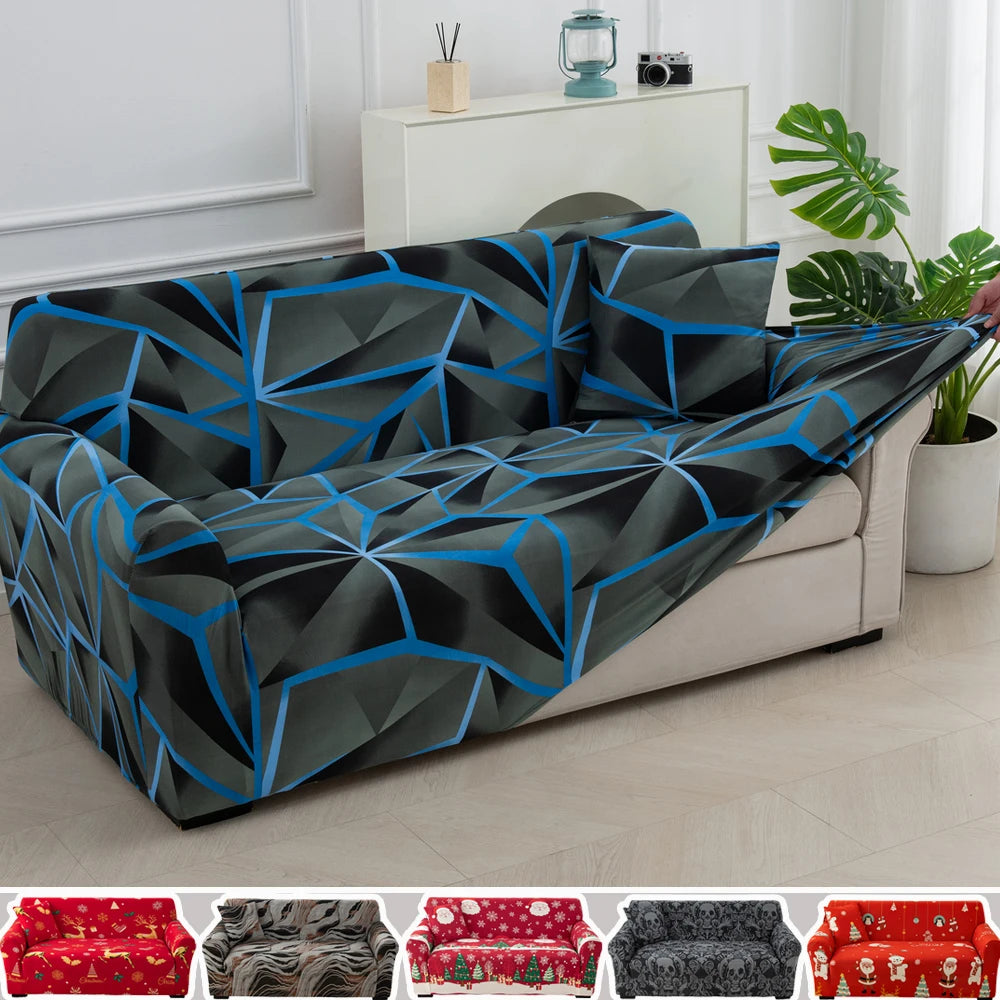 A stretchable festive sofa cover with a geometric pattern in shades of gray and blue on a white sofa.