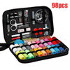 A black kit containing 98 pieces of multi-function sewing and embroidery tools including scissors needles and various tools