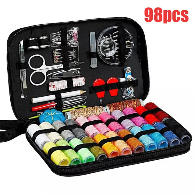 A black kit containing 98 pieces of multi-function sewing and embroidery tools including scissors needles and various tools