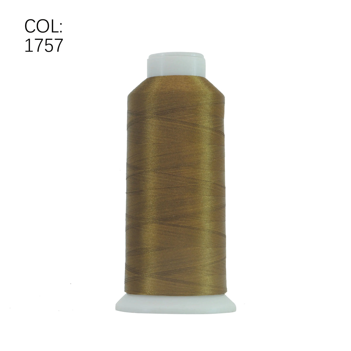 A spool of gold-colored high tenacity machine embroidery thread with a white core.