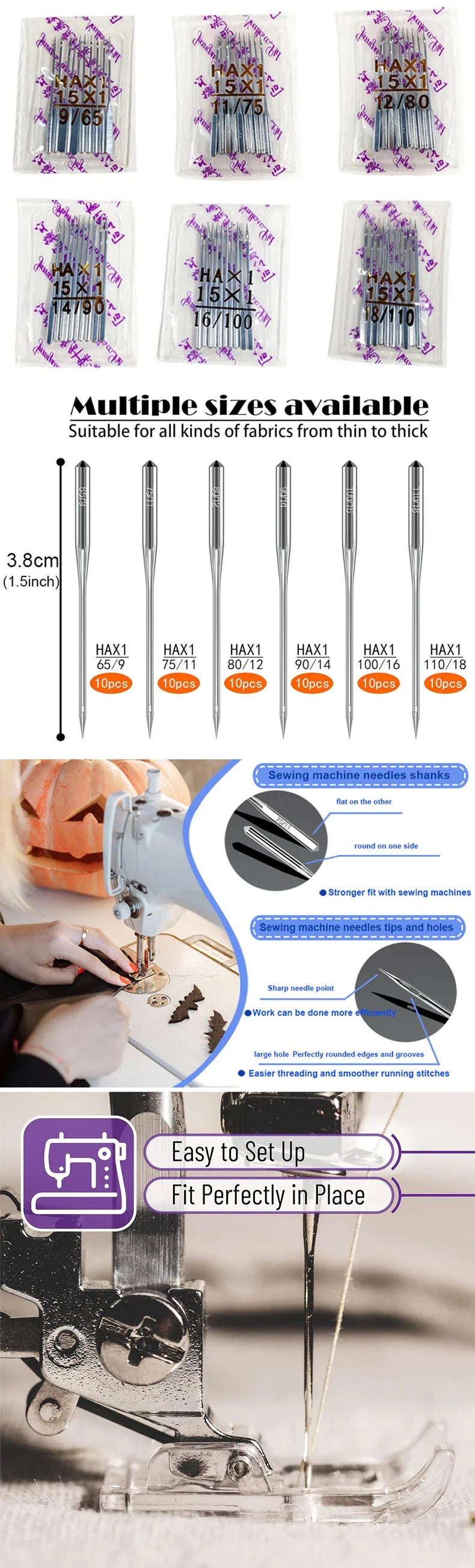 A collection of various sizes of sewing machine needles packaged in clear plastic for different fabrics.