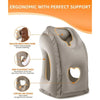 Gray inflatable travel neck pillow designed for ergonomic support with a hollow breathing zone and central rib design.