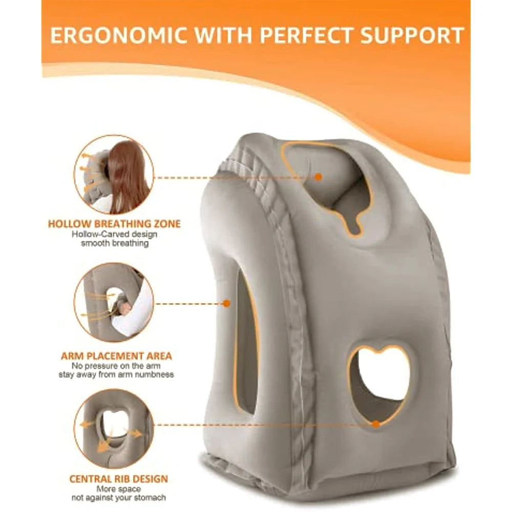 Gray inflatable travel neck pillow designed for ergonomic support with a hollow breathing zone and central rib design.