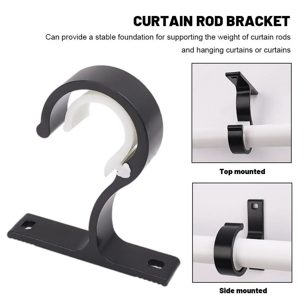 Black curtain rod brackets shown in top mounted and side mounted configurations for supporting curtain rods.