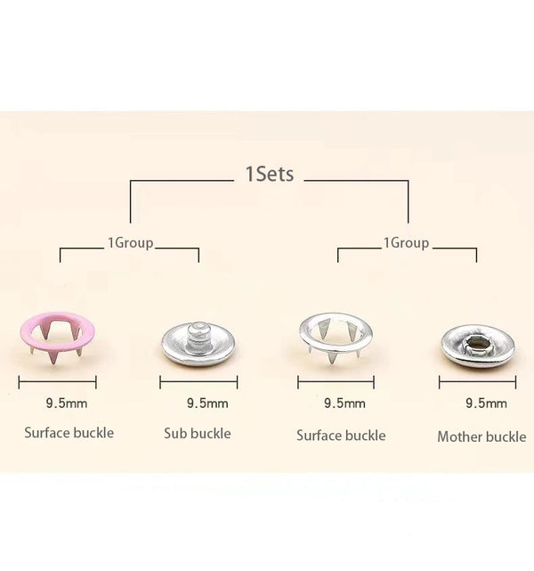 A set of four metal sewing buttons including surface, sub, and mother buckles shown individually.