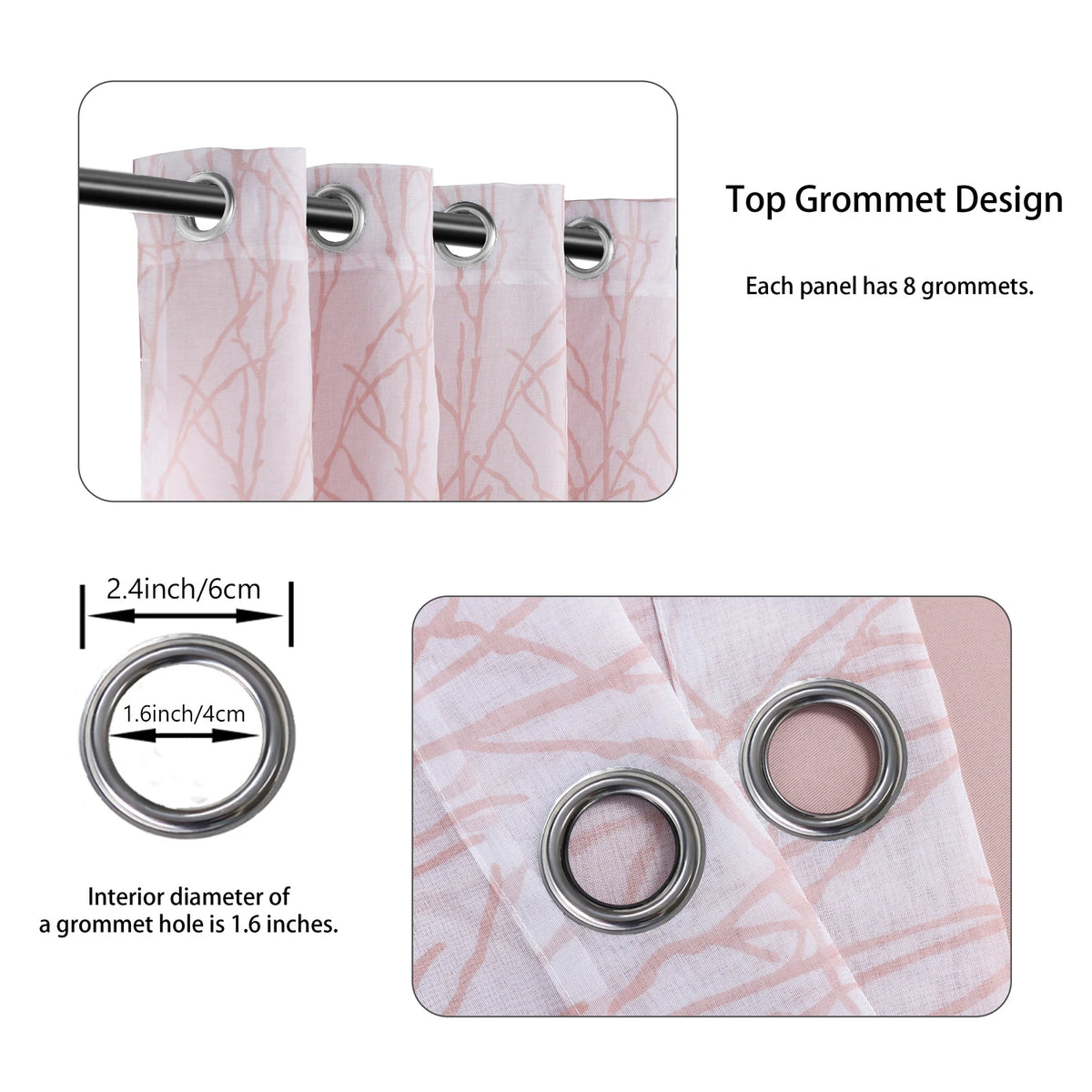 A set of pink sheer and blackout window drapes featuring top grommet design with 8 grommets per panel.
