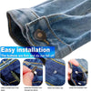 A close-up of denim fabric showing a button repair kit with a screwdriver used to fasten or remove buttons.