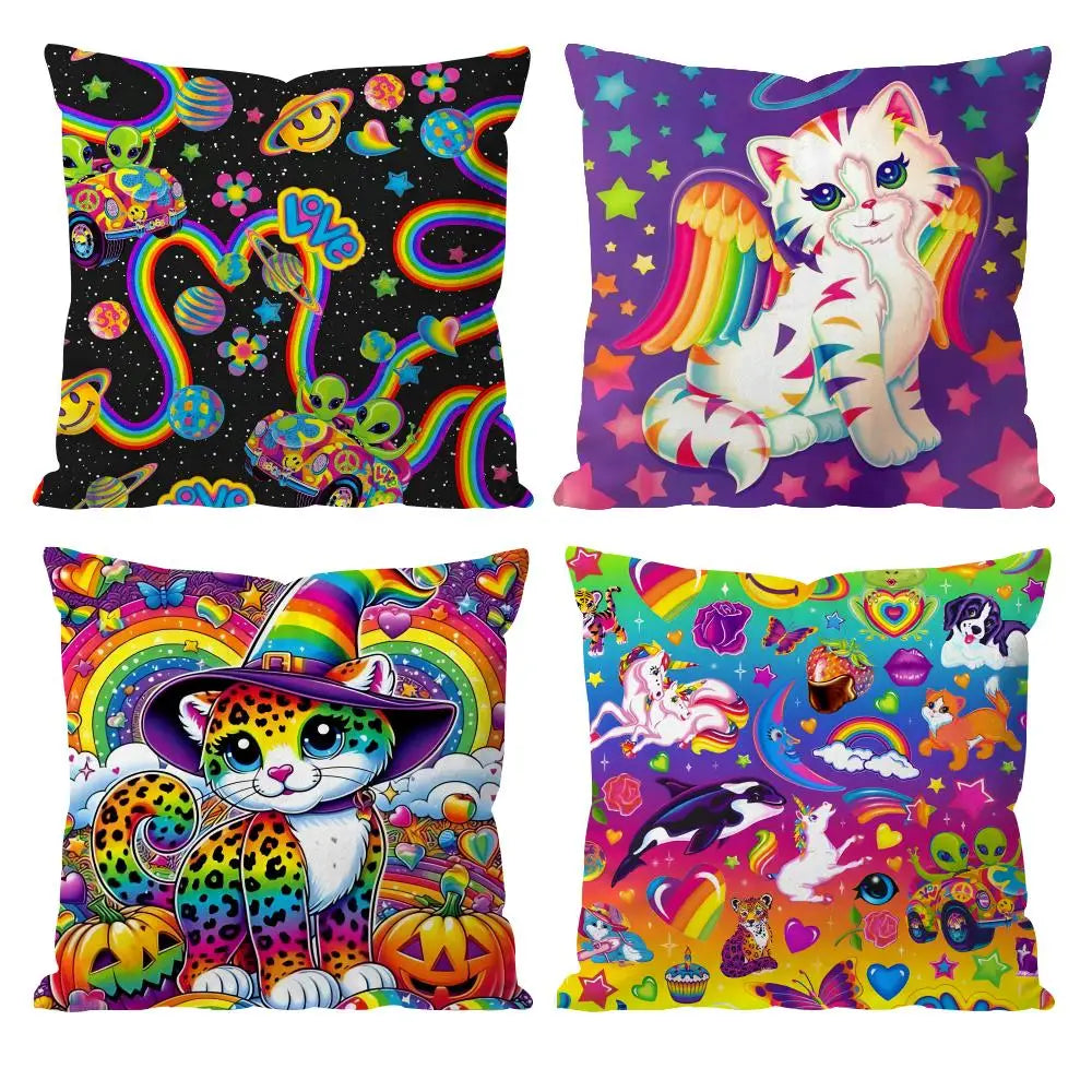 A collection of colorful, double-sided printed square pillows featuring cats and rainbows on a dark background.