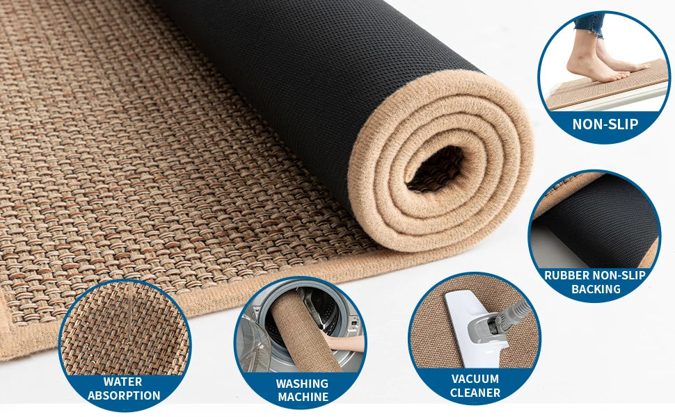 Roll of non-slip faux sisal kitchen rug showing features like water absorption and rubber backing