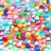 A close-up of a 100-pack of multicolored acrylic heart beads in various shades of pink, blue, green, and orange.