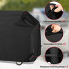 Black waterproof BBQ grill cover showing convenient handles, concealed air vents, and windproof fastening straps.