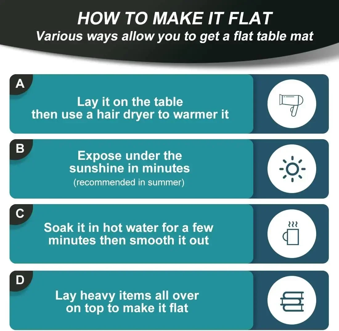 Instructions for making a flat table mat using various methods like using a hair dryer, sunlight, hot water, or heavy items.