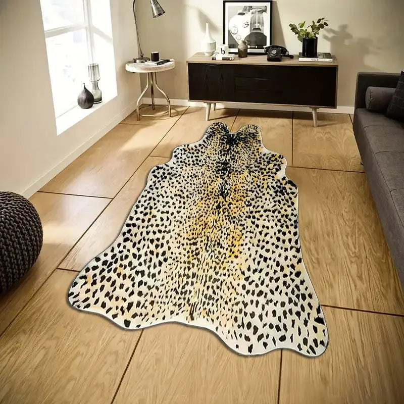 A white and black leopard print faux animal skin rug placed on a light wood floor.