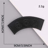A black embroidered leather patch is shown against a gray background, measuring 9cm long and 3cm thick.