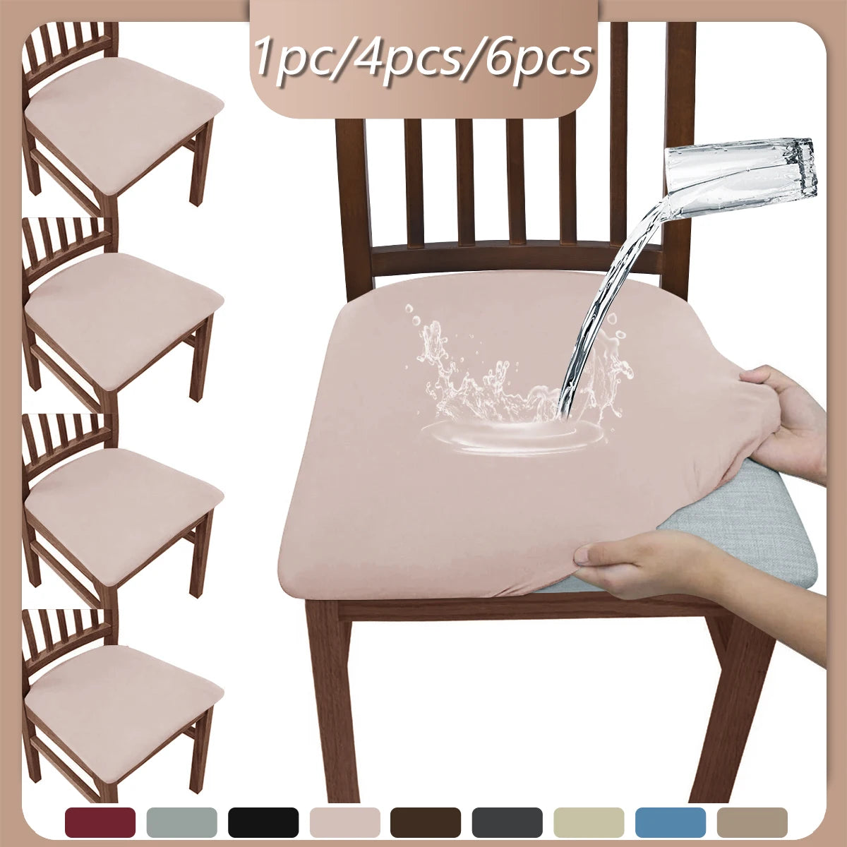 A wooden chair with a pink elastic bench cover being rinsed with water.