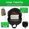 A black backpack with inner and exterior compartments shown open, displaying various items like books and a laptop pocket.