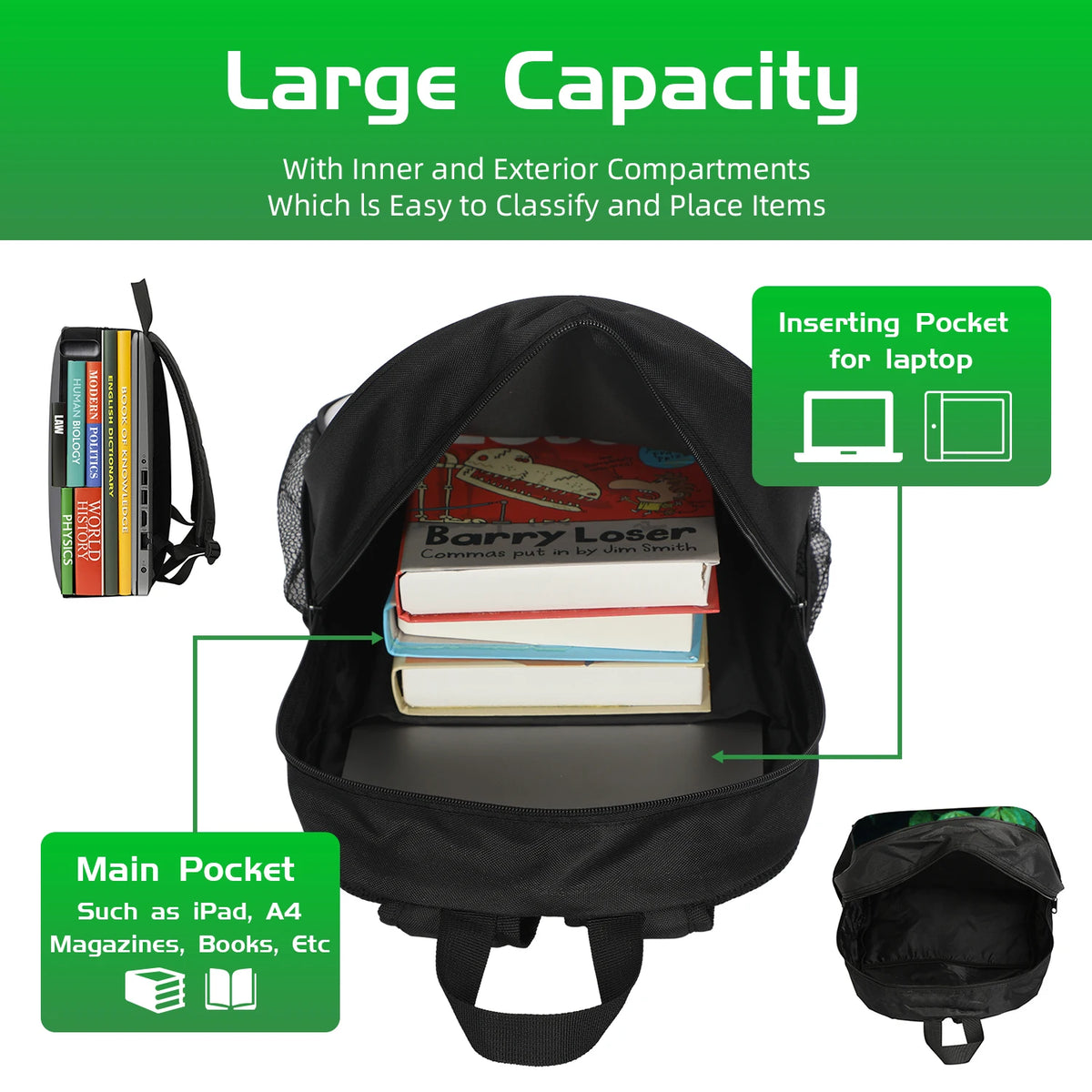 A black backpack with inner and exterior compartments shown open, displaying various items like books and a laptop pocket.