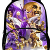 A black multi-compartment backpack featuring a purple and gold graphic of basketball players.