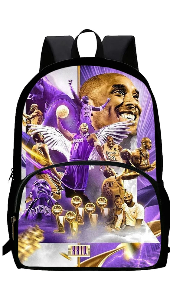 A black multi-compartment backpack featuring a purple and gold graphic of basketball players.