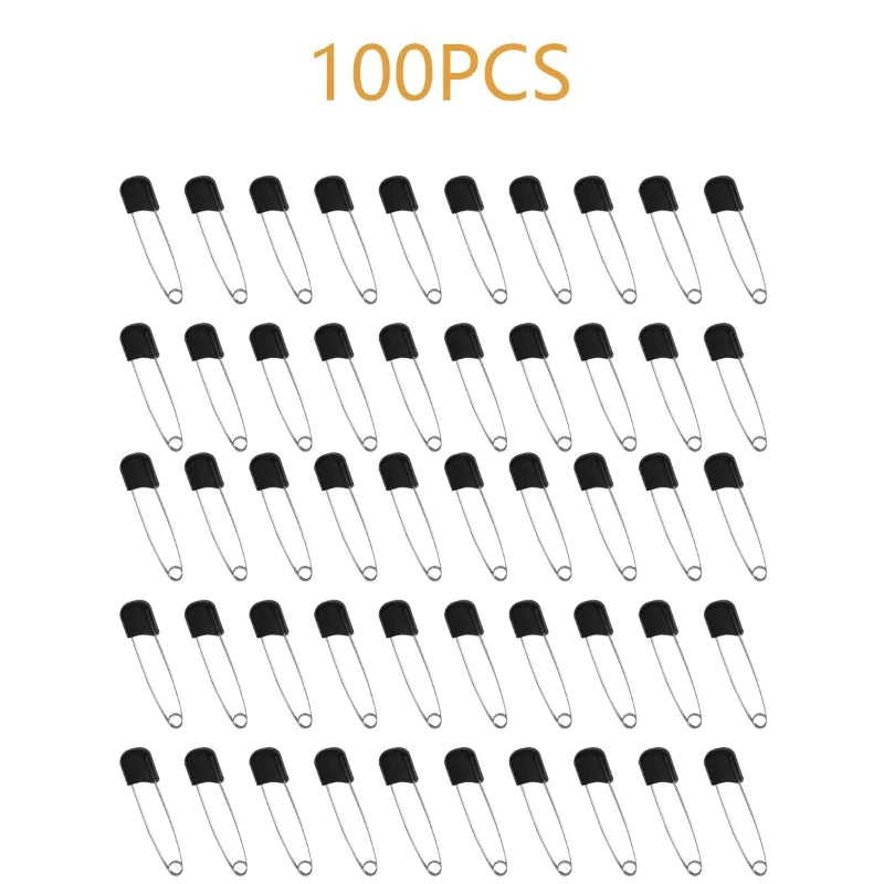 A collection of 100 stainless steel diaper pins with safety locking closures.