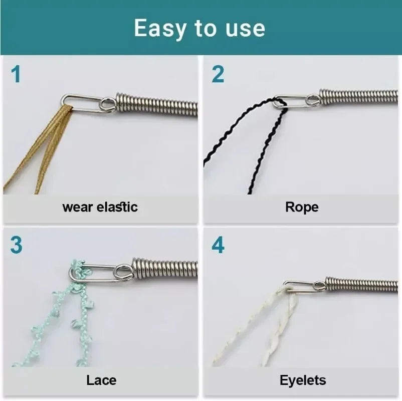 A set of four sewing threaders including a wear elastic, rope, lace, and eyelets.