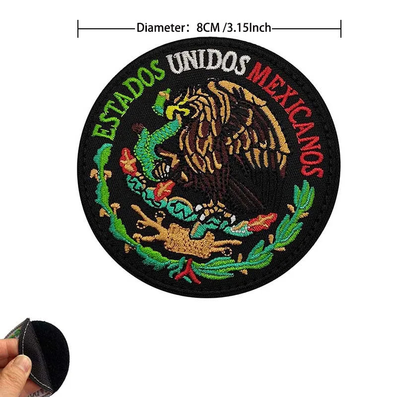 A circular embroidery patch featuring the eagle emblem and text Unidos Mexicanos on a black background.