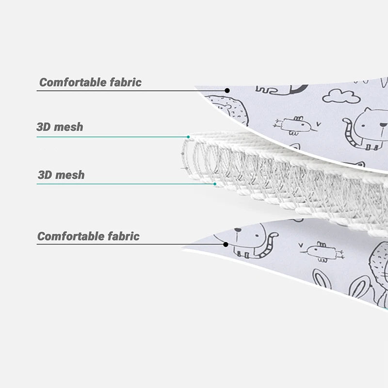 Close-up of a white mesh and fabric head support pillow for an adjustable baby car seat.