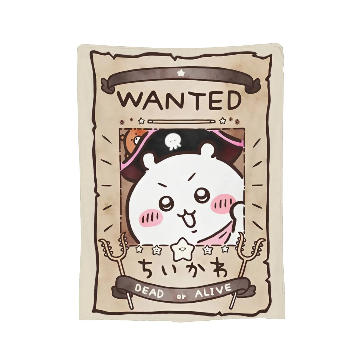 A beige flannel throw blanket featuring a cartoon illustration of Chiikawa with the text WANTED