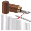 A wooden sewing kit with multiple stainless steel needles and a separate pair of needles.