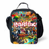 A black cartoon crossbody lunch bag featuring a vibrant Roblox game scene on the front.