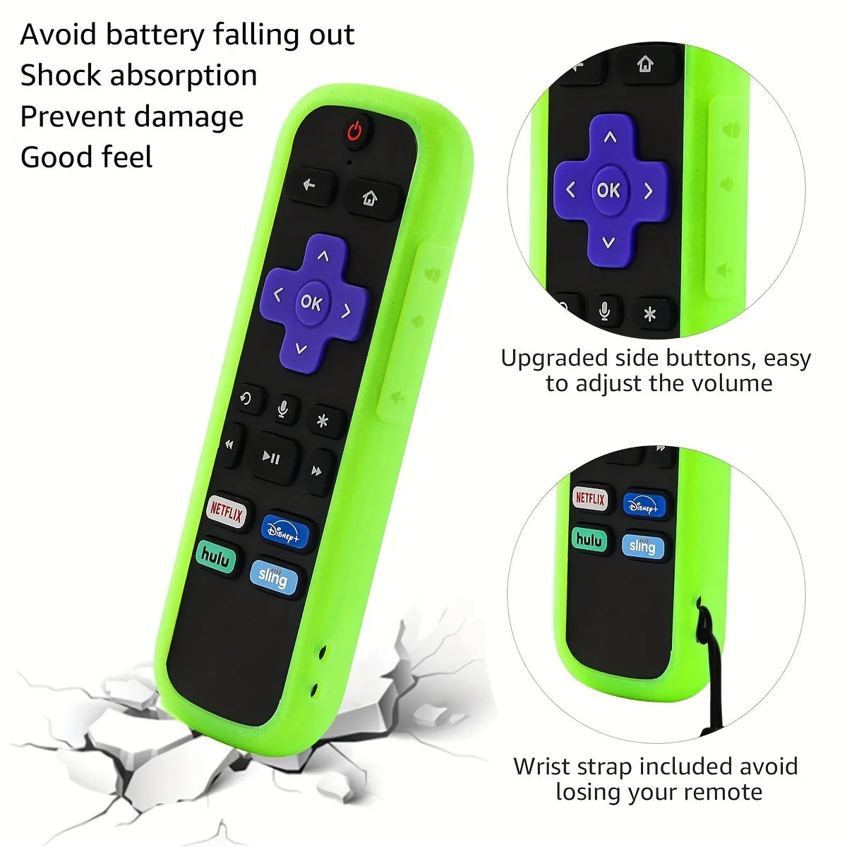 A lime green remote cover with side buttons and a wrist strap shown next to cracked glass.