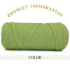 A skein of thick, olive green polyester blended yarn coiled for crafting.