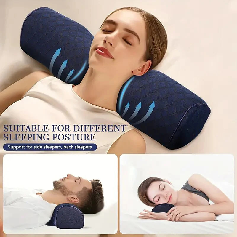 A woman is using a dark blue memory foam cervical pillow for neck support while sleeping on her side.