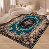 Elegant floral non-slip living room carpet featuring teal blue and cream roses on a light wood floor.