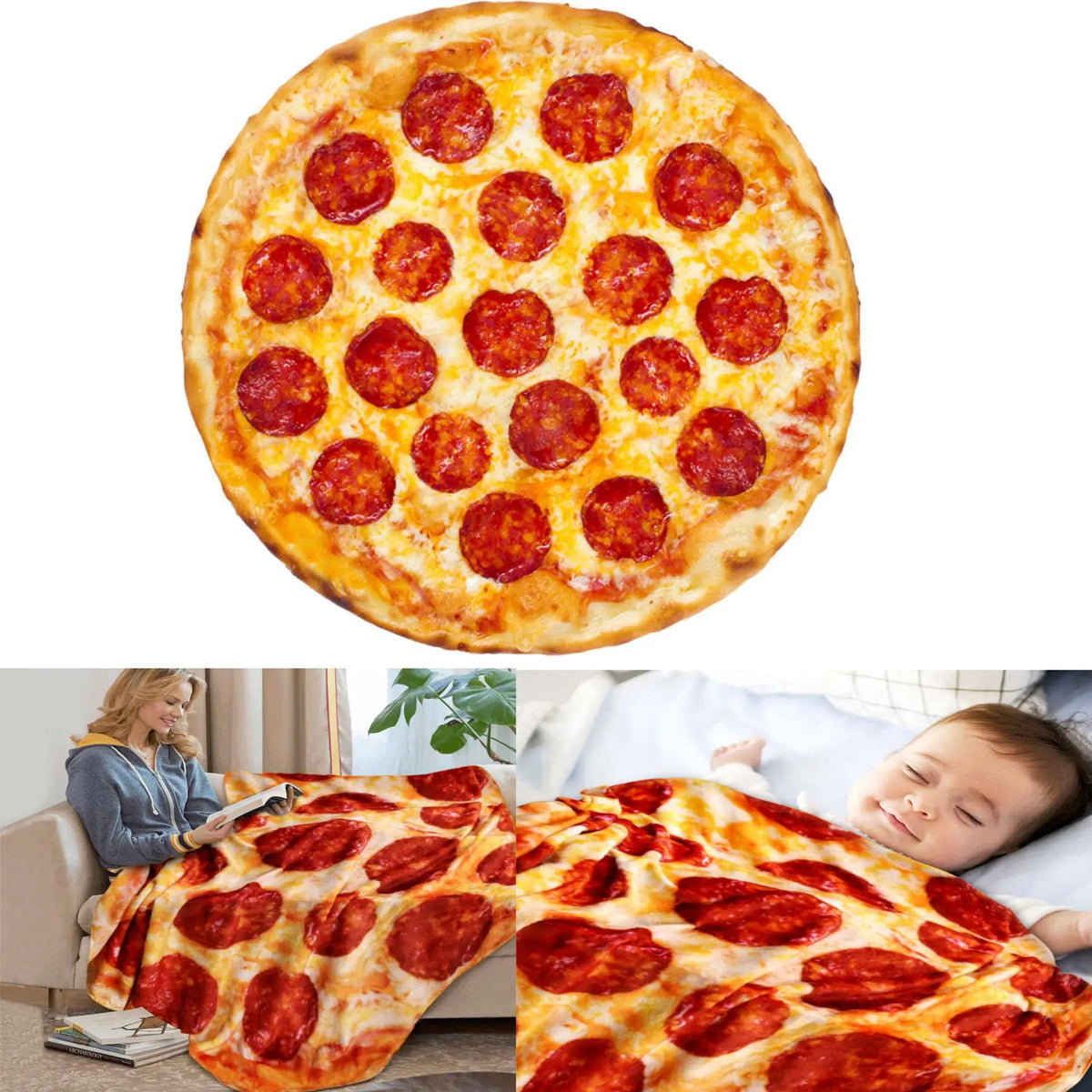 A pizza blanket throw featuring a design of pepperoni pizzas.