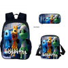 A black backpack featuring three plush toys of animal characters in a school bag design.