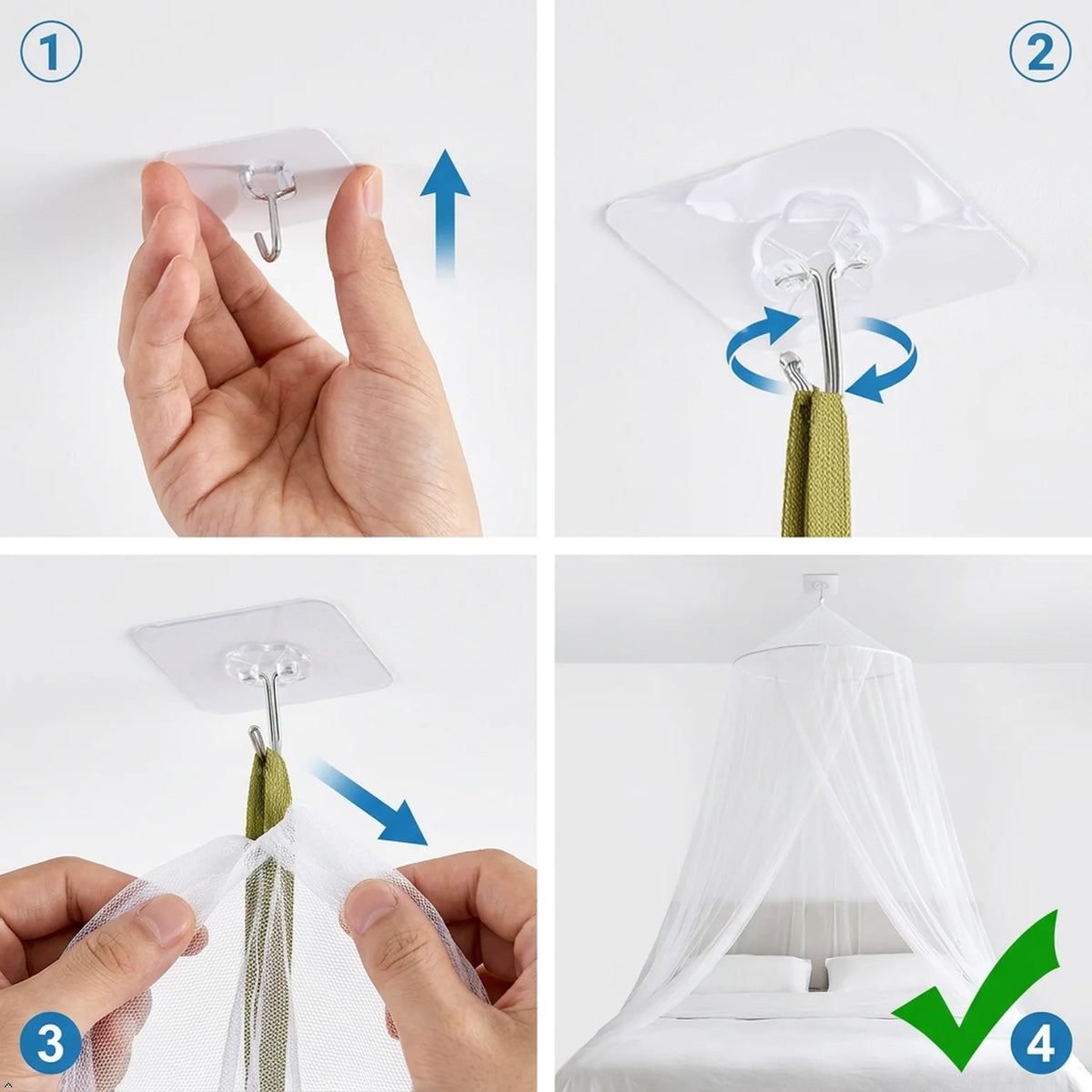 Four steps showing how to install a square mosquito net bed canopy for a queen or king size bed.