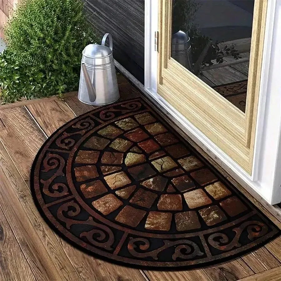 A vintage stone doormat with a geometric pattern rests on a wooden floor next to a window.