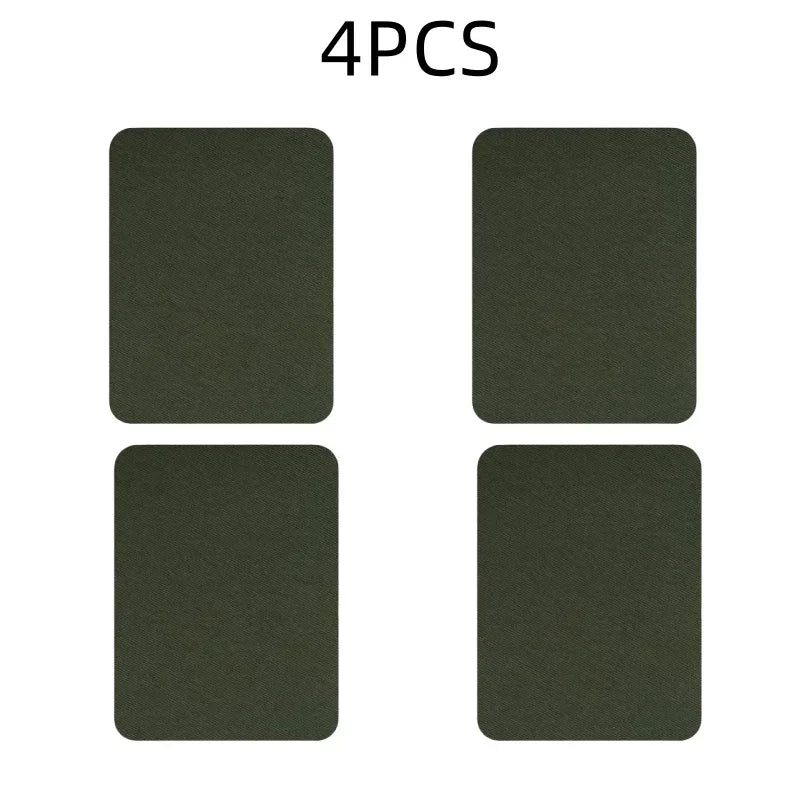 Four dark olive green iron-on fabric repair patches displayed in a grid format.