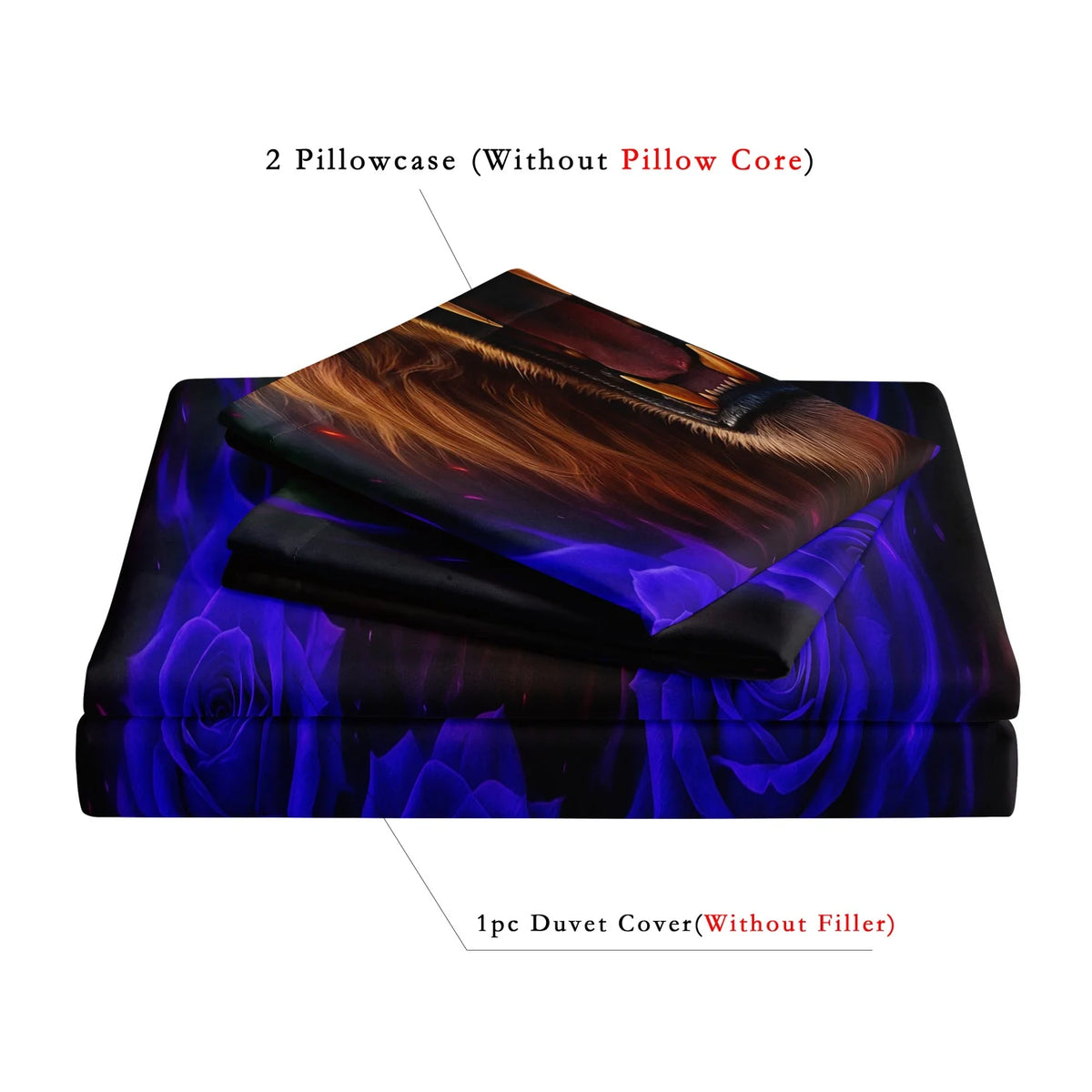 Two pillowcases without core and one duvet cover without filler featuring a romantic wolf and rose print design.