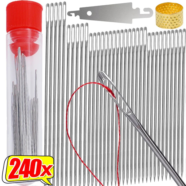 A set of stainless steel embroidery and knitting needles with a specialized tool and a yellow needle holder.