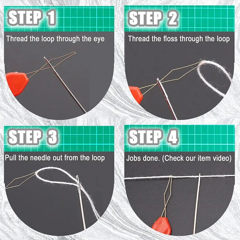 Four steps demonstrating how to thread a loop using a needle and floss for sewing or crafting