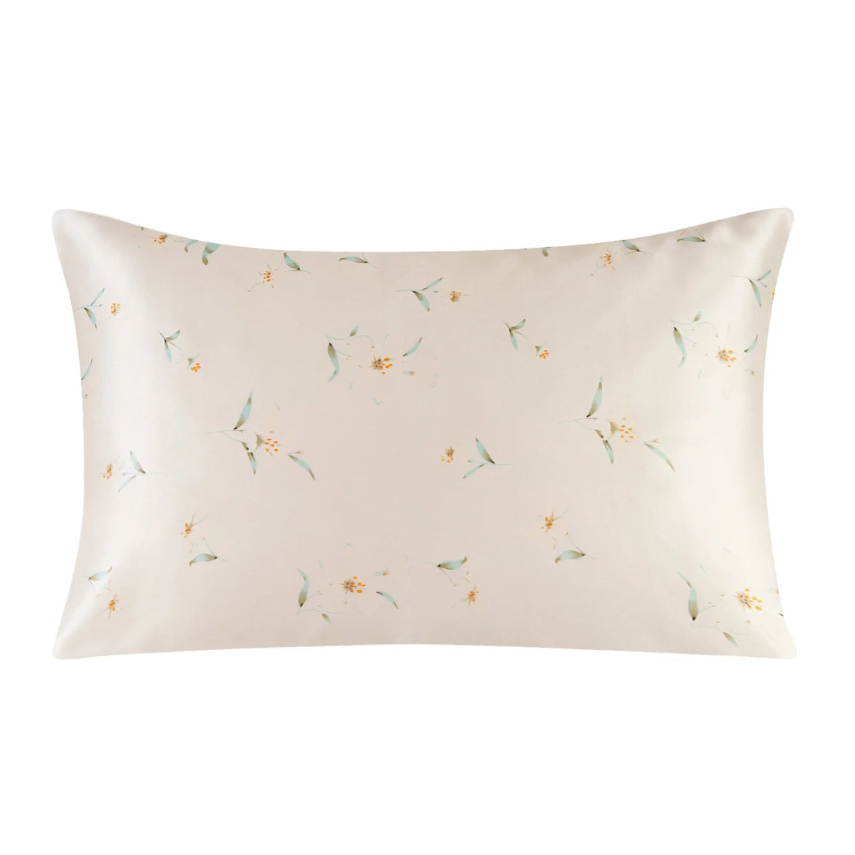 A square silk pillowcase with a pale beige background and a delicate floral print featuring small orange and green leaves.