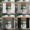 A set of waterproof outdoor curtains with grommet tops in various shades of gray and black hanging in a wooden pergola struct